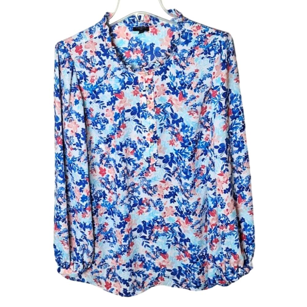 Talbots Women 1x Multi- colored Floral Balloon Sleeve Ruffle Lightweight Blouse